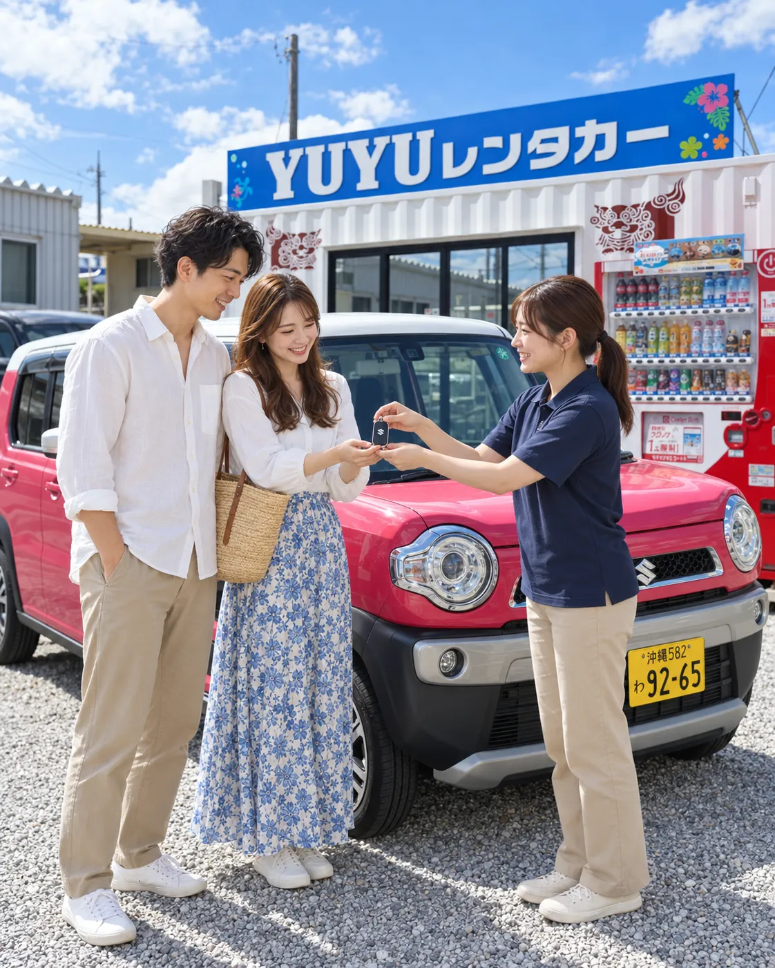 YUYUレンタカーで鍵を受け取り沖縄ドライブへ出発するカップルのイメージ