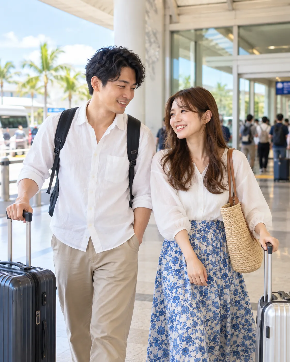那覇空港に到着しスーツケースを持って移動するカップルのイメージ