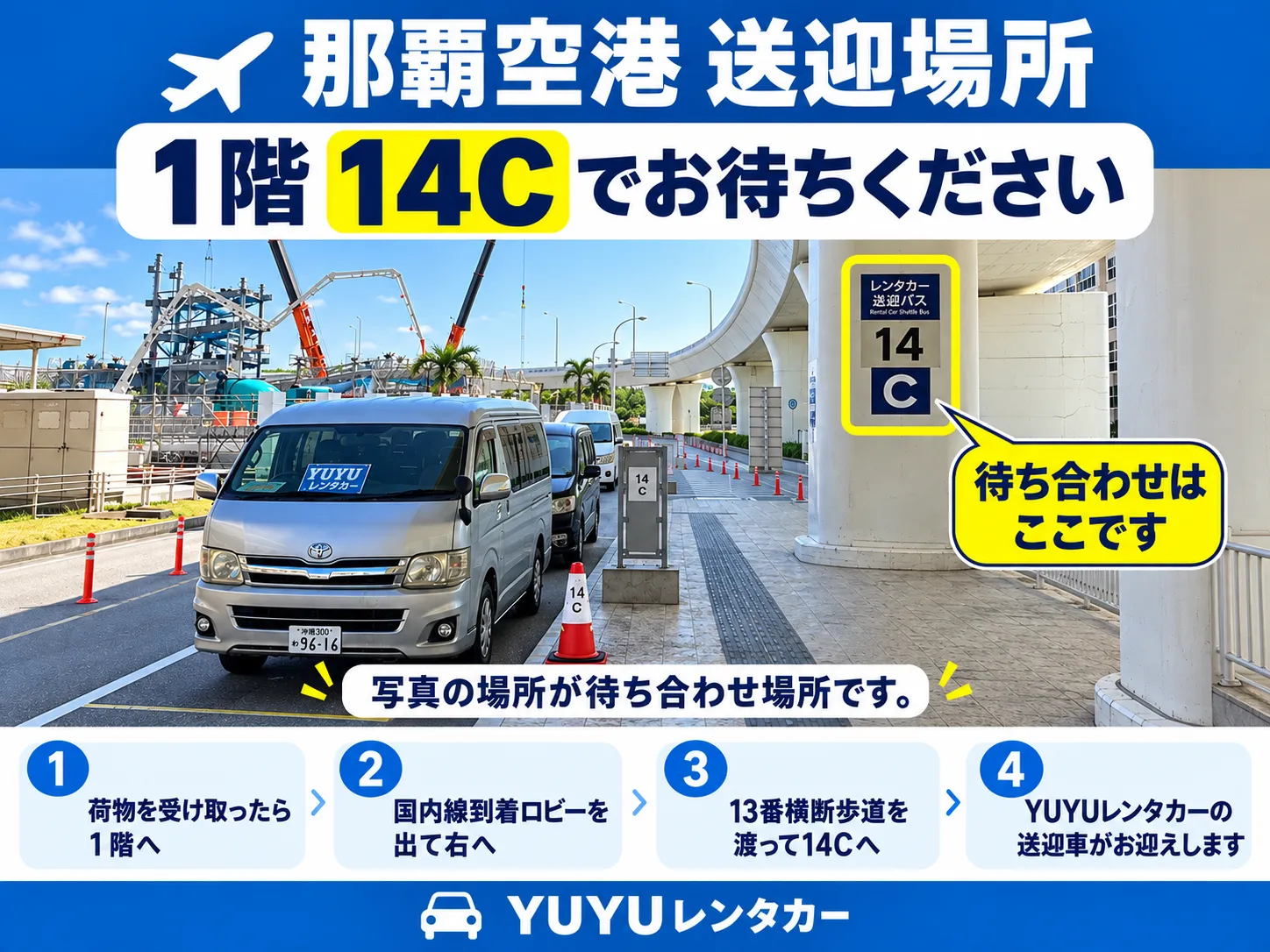 沖縄YUYUレンタカーの那覇空港無料送迎集合場所。国内線1階到着ロビーの1番出口から横断歩道を渡り、14番Cの柱へ向かう道順と実際の送迎車を紹介した案内画像