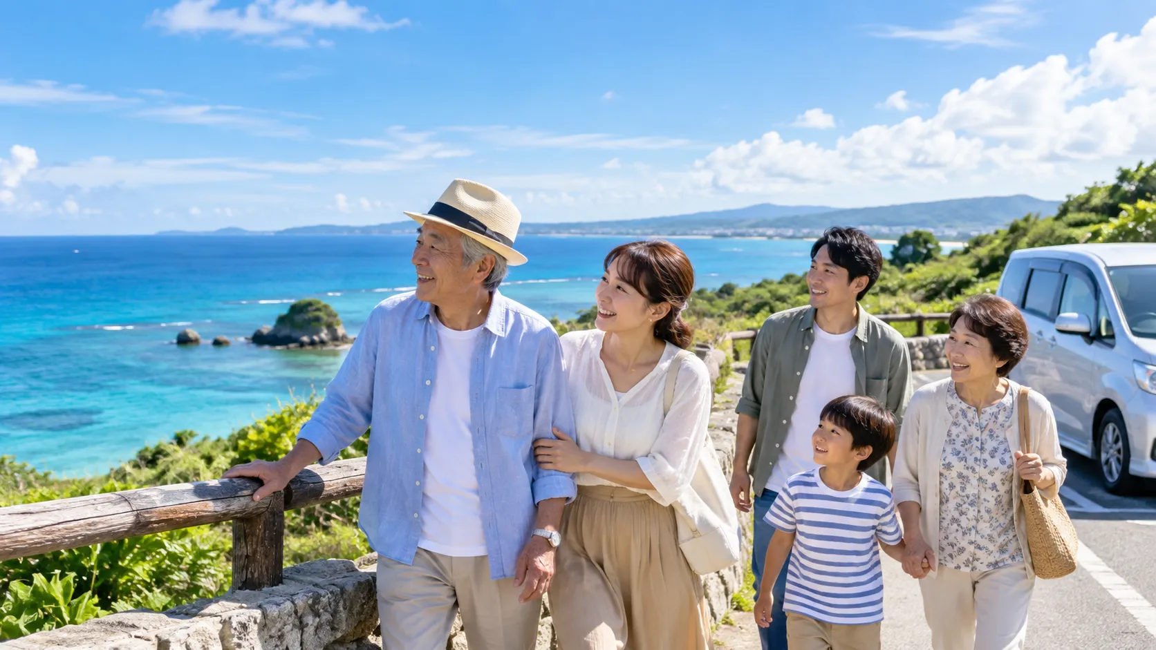 10月の沖縄で青い海を眺めながら家族三世代でレンタカー旅行を楽しむ様子