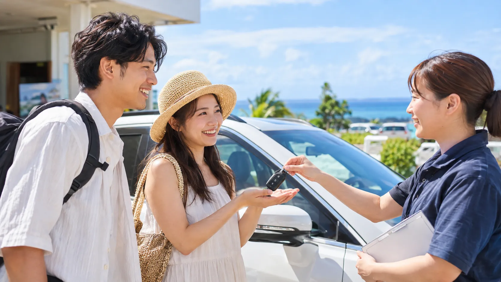 レンタカーの鍵を笑顔で受け取るお客様とスタッフの接客イメージ