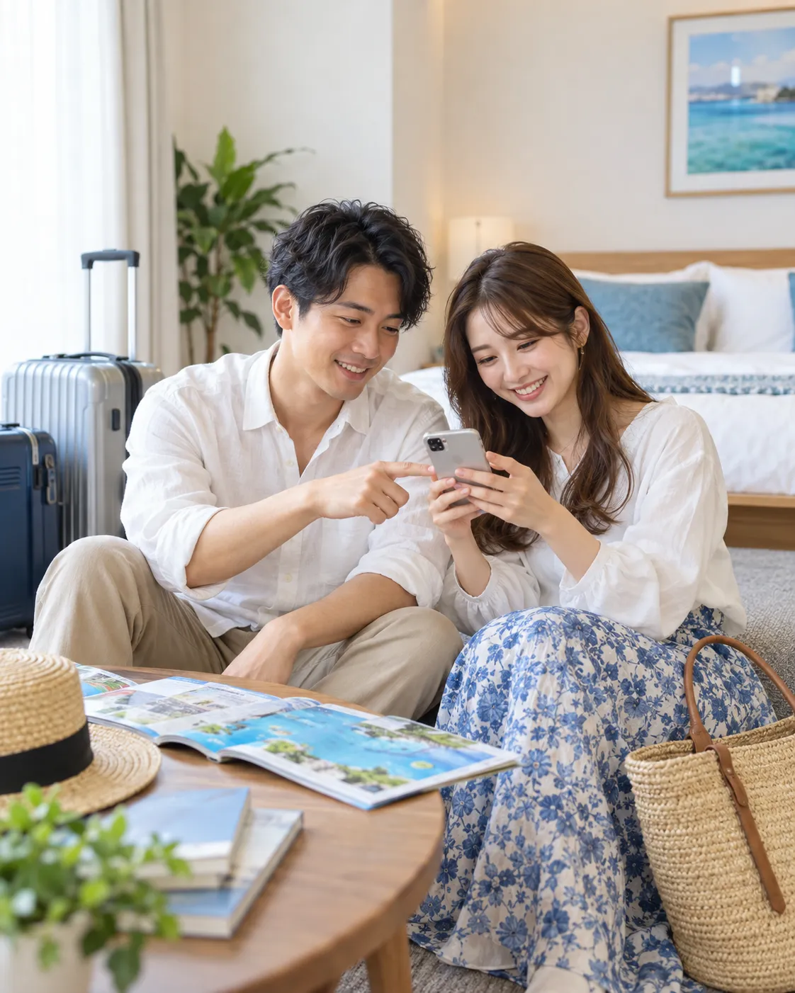 スマートフォンで沖縄旅行とレンタカー予約を確認するカップルのイメージ