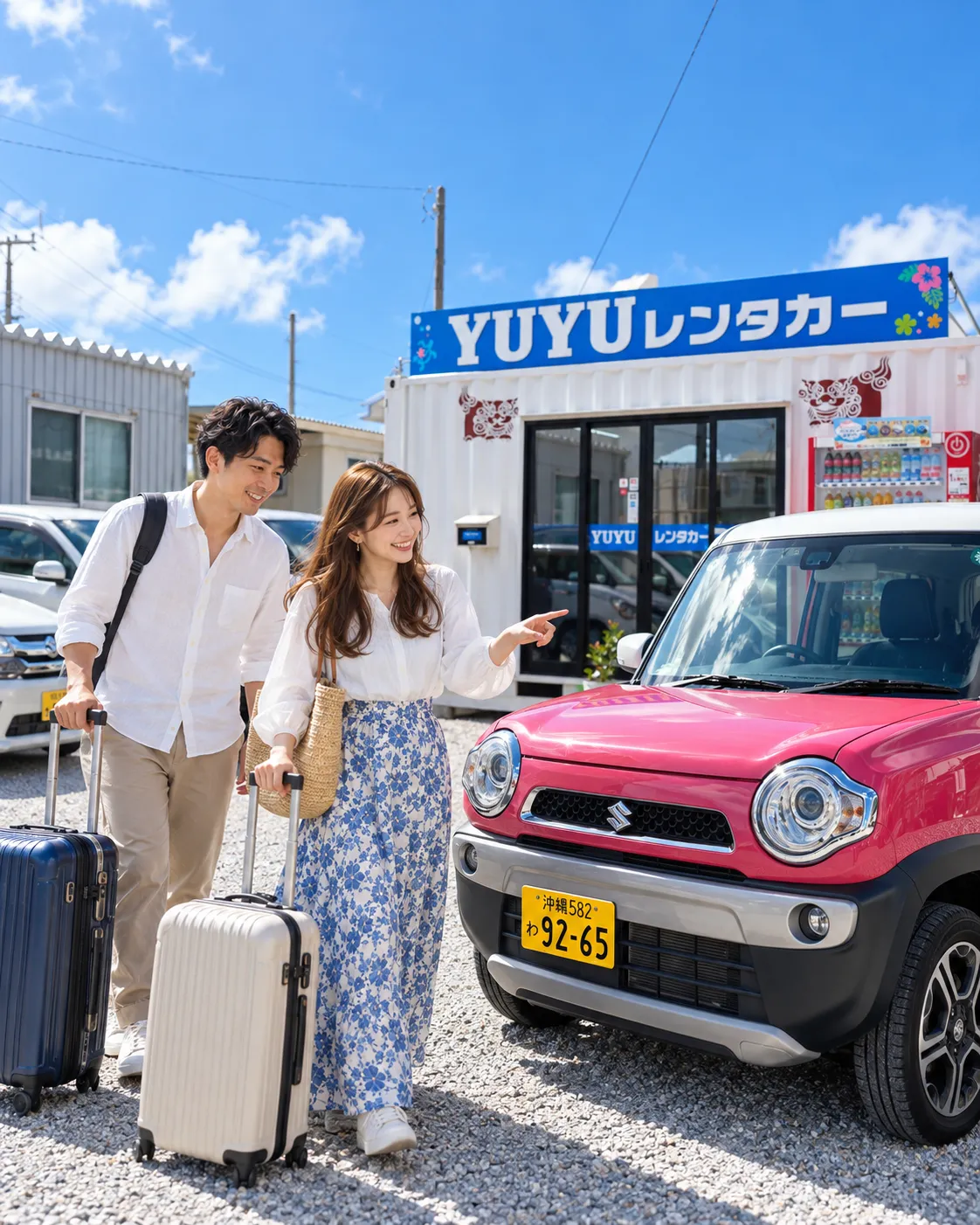 YUYUレンタカー店舗に到着しピンクのハスラーを見ているカップルのイメージ